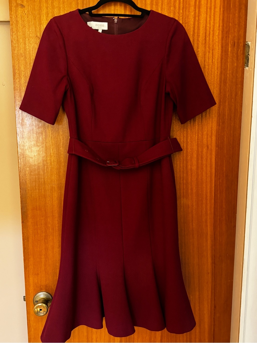 Hobbs London Burgundy Bria Belted Midi Dress with Flared Hem